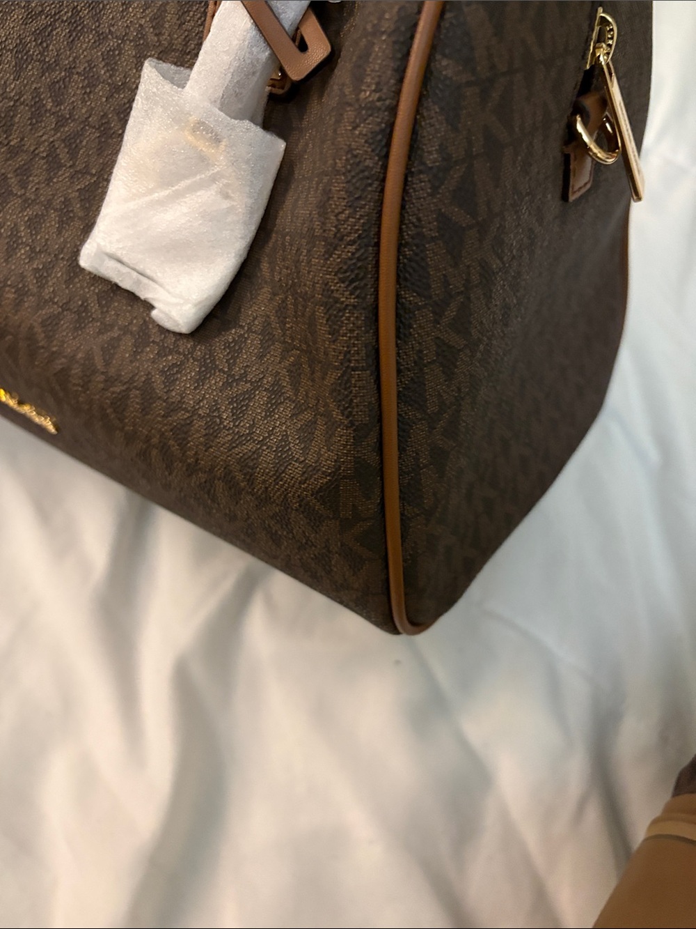 Michael Kors Brown Monogram Satchel and Lace-Up Heeled Boots - Picture 11 of 12